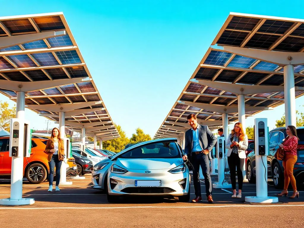 Aparcamiento de empresa con puntos de carga bajo pérgolas solares