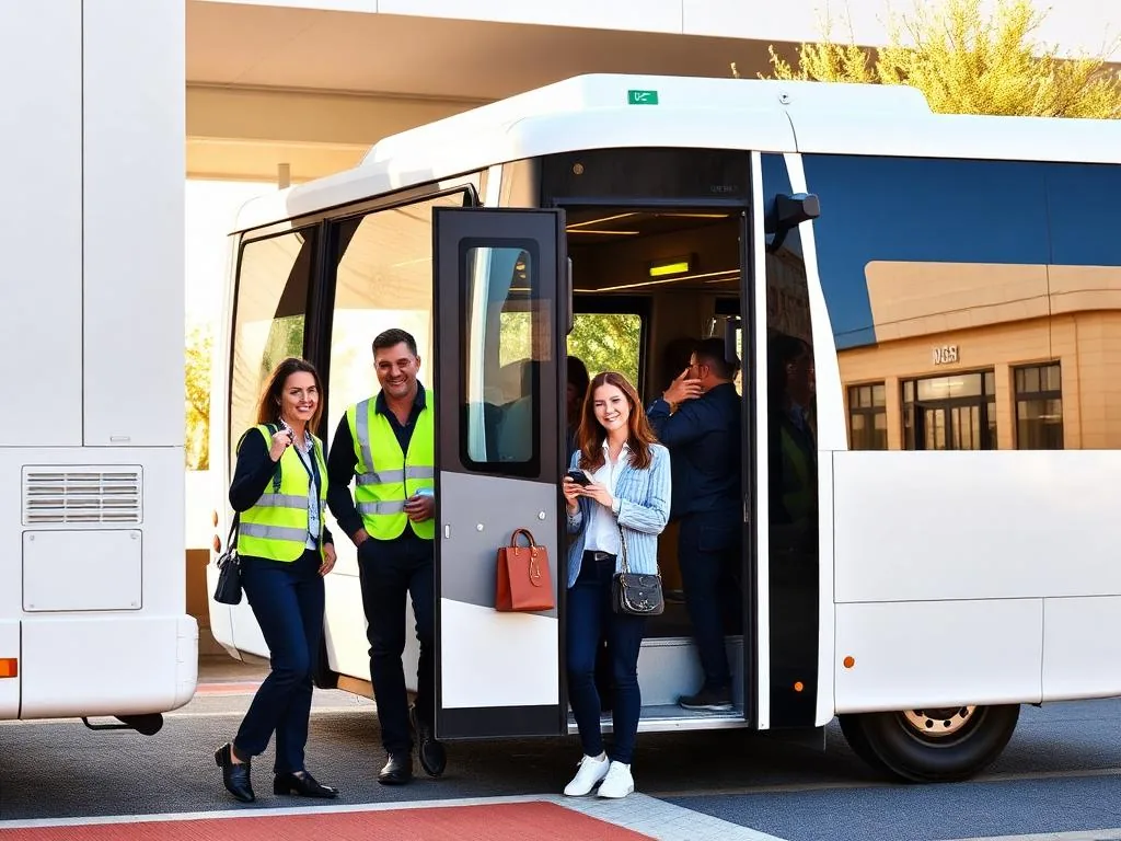Personal subiendo a una lanzadera eléctrica de empresa en un polígono industrial