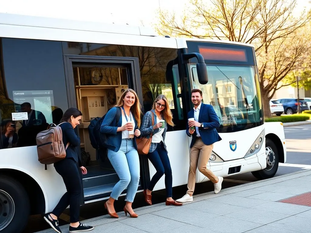 Trabajadores bajando de un autobús eléctrico frente a un parque empresarial
